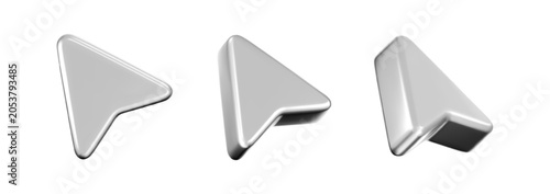 3D silver arrow cursor icon set with smooth chrome gradient, isolated on a white background. Realistic glossy pointer for UI,UX interfaces, web navigation, arrow clicks. 3D vector illustration