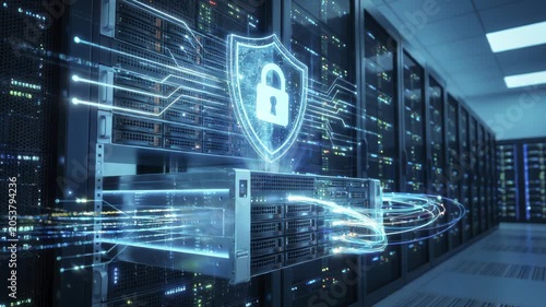 Digital Security Shield With Padlock Symbol Over Server Racks in Data Center