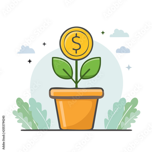 Money Plant in Pot Flat Illustration