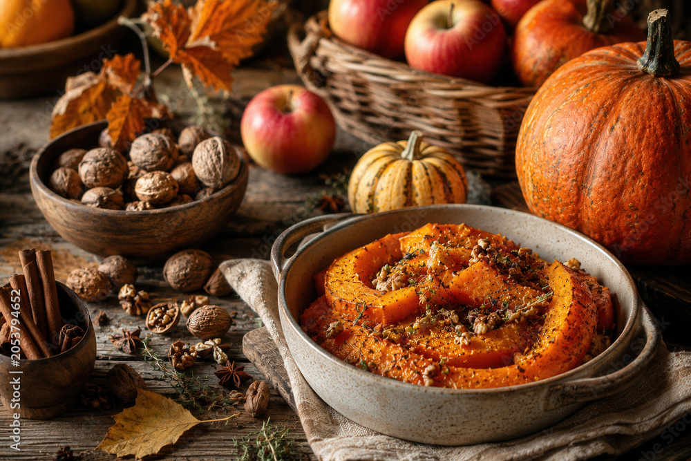 Fototapeta premium Rich autumnal scene with roasted pumpkin centerpiece