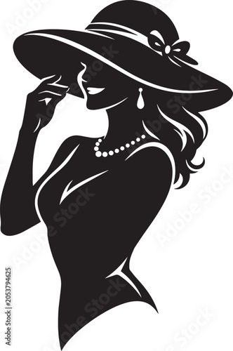 Woman Wearing Wide Brim Hat Silhouette Black and White Portrait