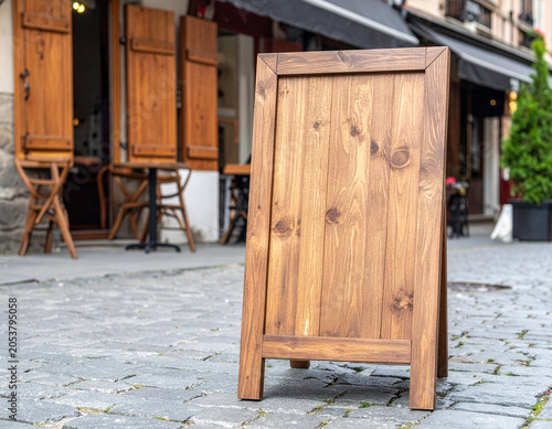 Blank wooden A-frame sign mockup template on cobblestone cafe street