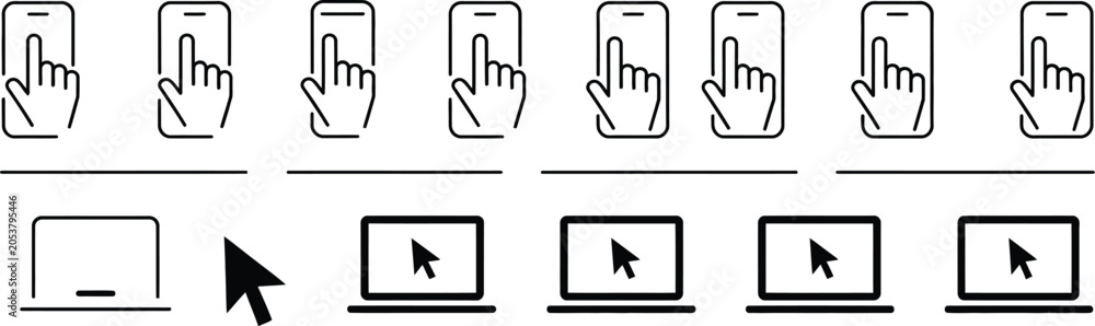 Fototapeta premium Click, and touch icons, cursor pointer mouse click and smartphone finger touch symbols for apps websites interfaces and user navigation.