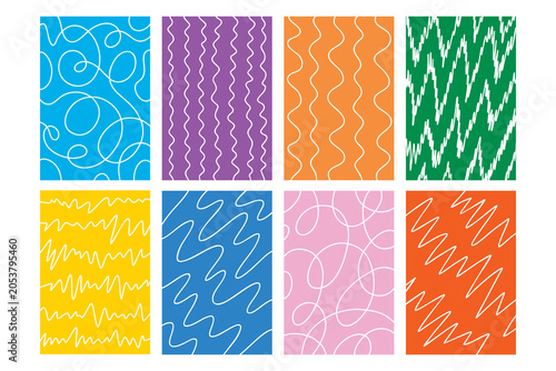 Photos Bright playful doodle grid showcasing colorful panels with wavy scribbles, handl