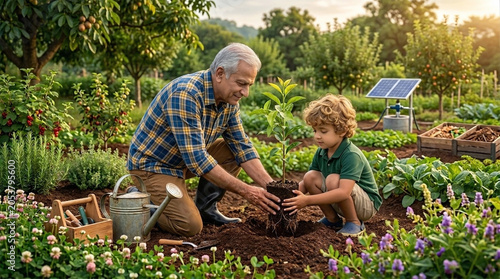Senior grandfather with his cute little grandson planting a young tree together in a lush garden with solar panel system on background