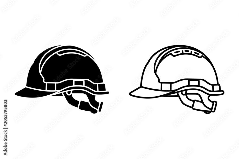 Fototapeta premium Two hard hats, one solid black and one outline, representing safety and construction
