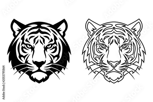 Stylized tiger head graphic in black and white, representing power and ferocity