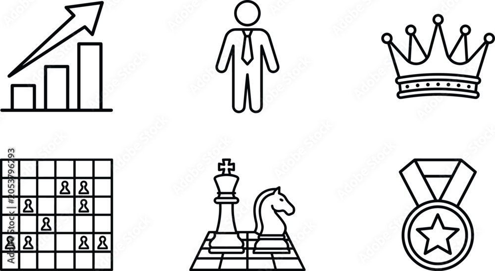 Fototapeta premium Business Strategy and Leadership Outline Icon Set with Chess Pieces, Growth Chart, Corporate Manager, Crown, and Winner Medal Line Symbols for Corporate Presentations