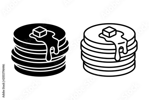 Stack of pancakes with butter and syrup icon in two styles