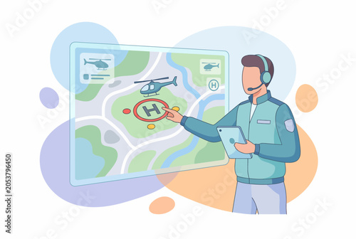 Emergency Rescue Dispatcher Coordinating Mission on Digital Screen