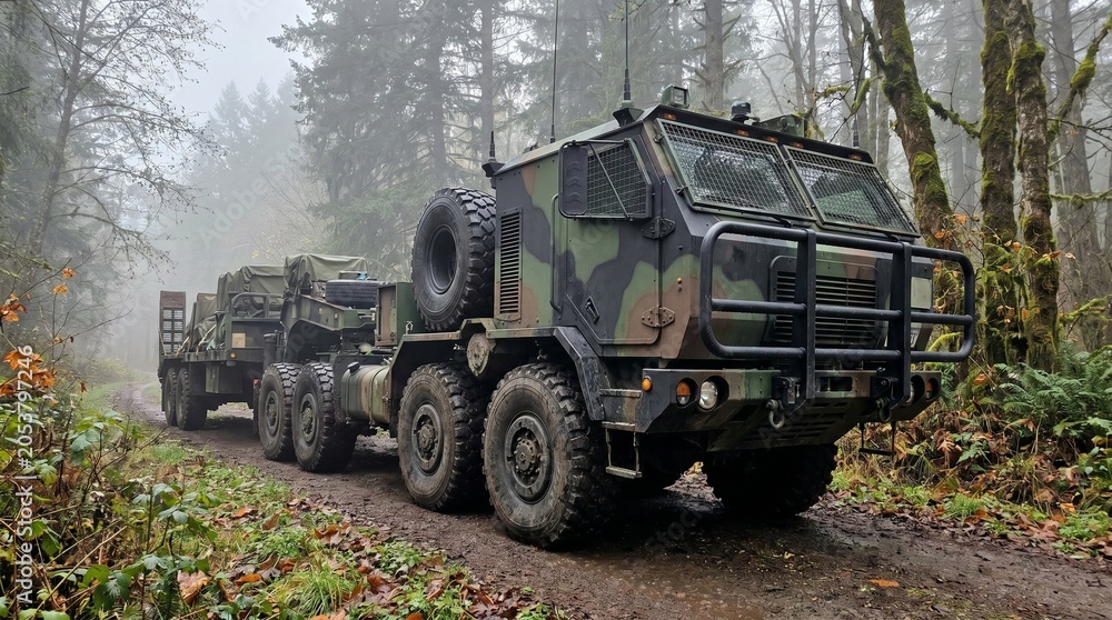 Fototapeta premium A heavy-duty military transport truck with camouflage paint pulls a flatbed trailer on a muddy road through a misty forest.
