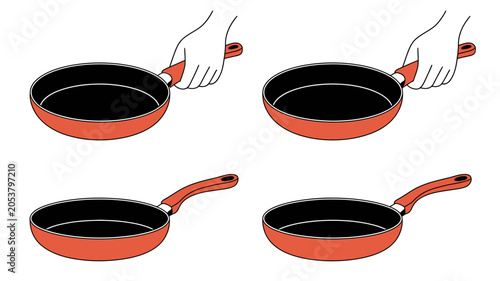 Illustration of hands holding and tilting red frying pan with black interior