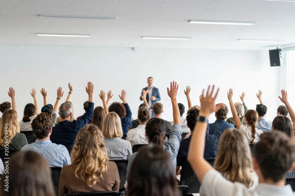Obraz premium Audience raises hands during a presentation at a conference in a large room setting