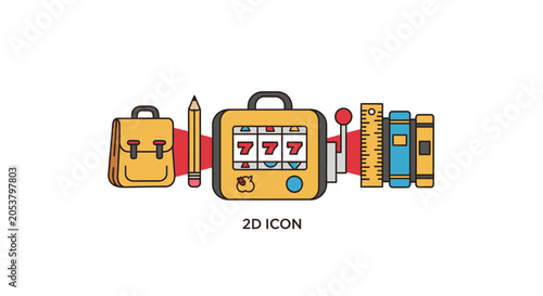 Slot machine icon with school supplies backpack pencil and books