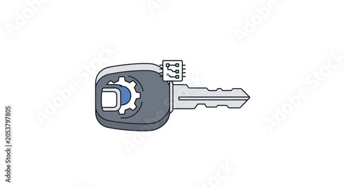 Smart electronic car key illustration with gear and chip