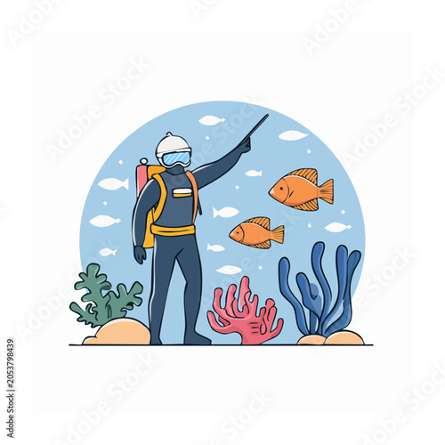 Cartoon diver pointing at fish underwater
