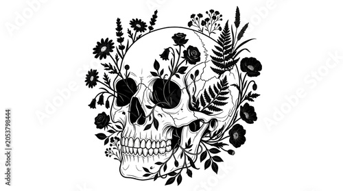 Skull with flowers and leaves gothic illustration for tattoo design or Halloween isolated on white b