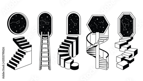 Cosmic stairs and portal doorway line art vector set. Surreal ladders, spiral staircases, night sky constellations, stars and mystical space elements.
