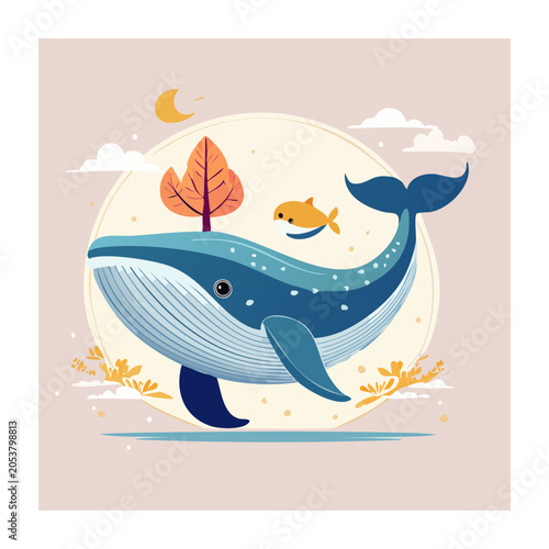 Whale with tree illustration, flat design