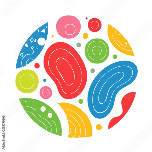 Colorful abstract circular design with shapes and leaves