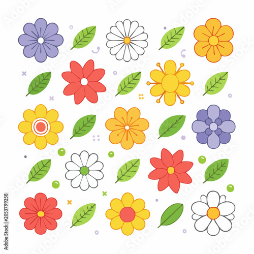 Colorful Flat Design Flowers and Leaves Pattern