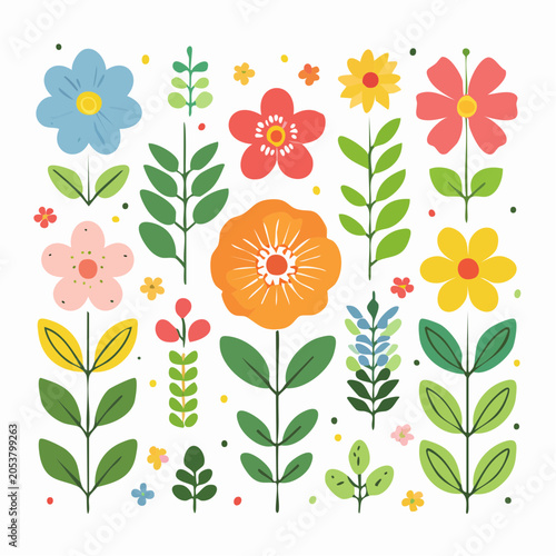 Colorful Flat Design Flowers and Leaves Pattern