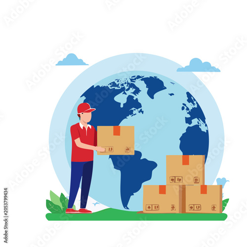 Delivery person holding package with globe and boxes
