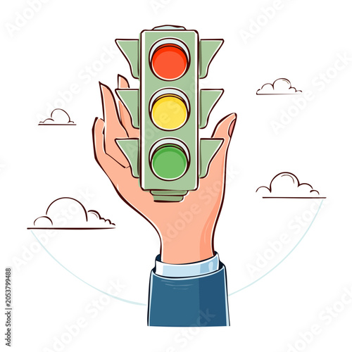 Hand holding a traffic light illustration