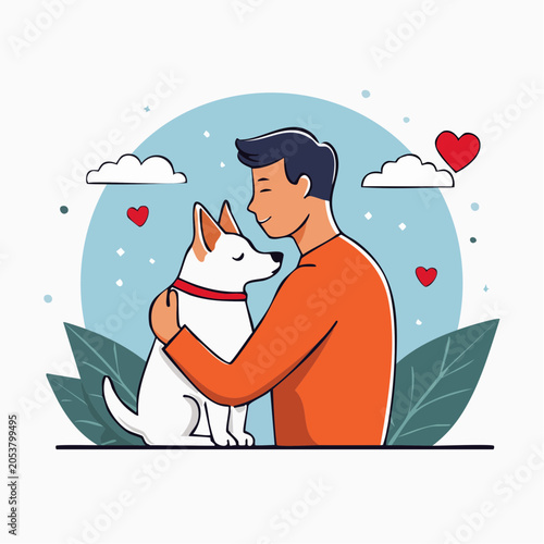 Man Hugging Dog with Hearts and Clouds