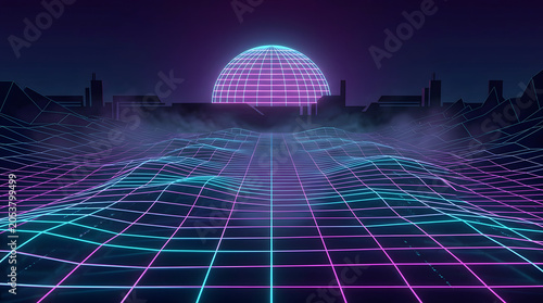 Retro futuristic landscape with neon grid and glowing sun