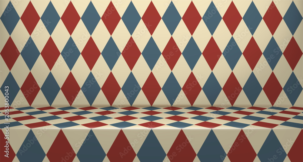 Fototapeta premium 3d Geometric Room with Alternating Red Blue and Cream Diamond Shapes Seamless Symmetrical Abstract Background for Decorative Optical Illusion and Packaging Design