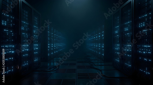 Dark Futuristic Data Center Corridor – Technology, Server, Network, Cloud, Storage, Digital, Infrastructure, Blue, Glow