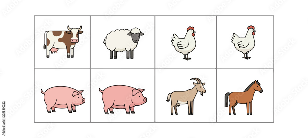 Fototapeta premium Farm animals illustration grid