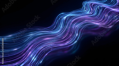 Abstract flowing digital data stream of glowing blue and purple particles on dark background, representing technology and network