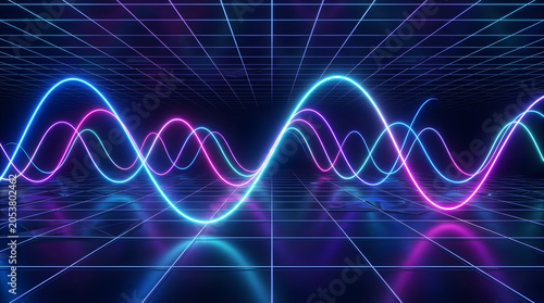 Abstract neon glowing waves on a digital grid background