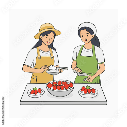 Two Women Preparing Strawberries Flat Illustration