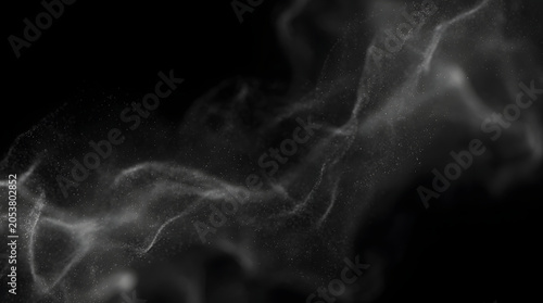 Abstract background with flowing white smoke or particles on a black background
