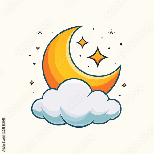 Crescent Moon and Stars with Cloud Illustration