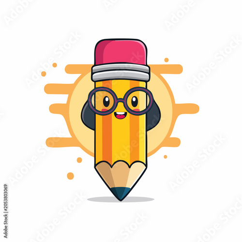 Cute Cartoon Pencil Character Wearing Glasses