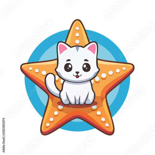 Cute White Cat Sitting on a Starfish