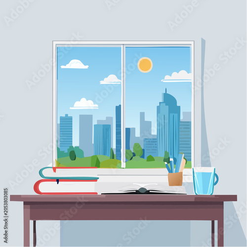 Desk with Books and City View Through Window