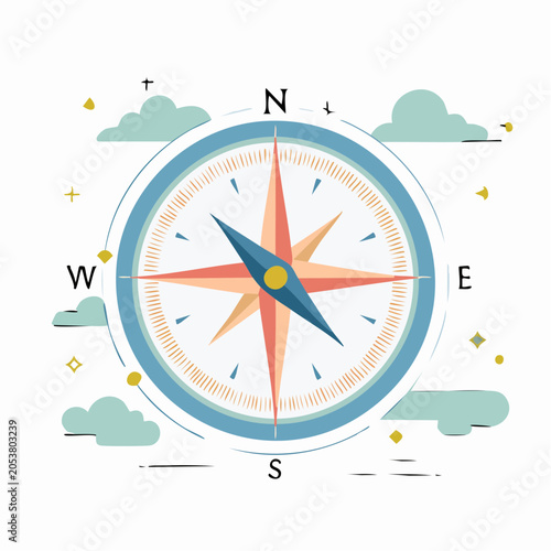 Stylized Compass Rose with Clouds and Stars