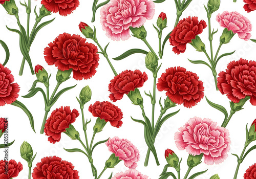 Seamless pattern with red and pink carnation flowers on white background