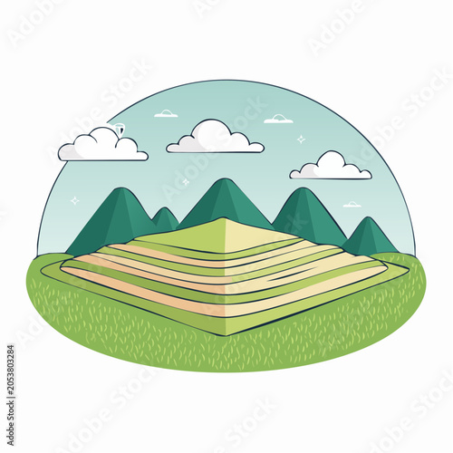 Stylized Terraced Landscape with Mountains and Clouds