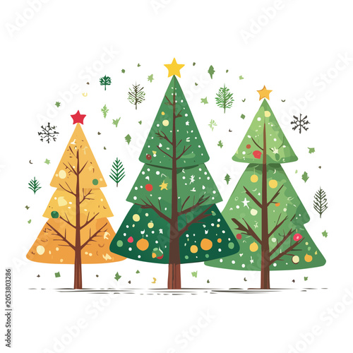 Three decorated Christmas trees with stars and ornaments