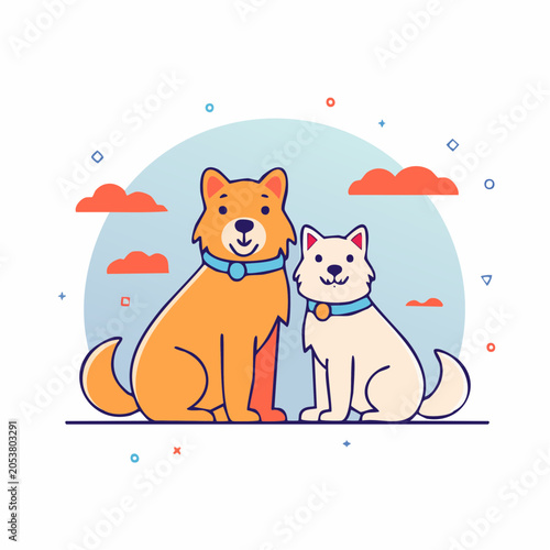 Two cartoon dogs sitting together with a blue sky and clouds background