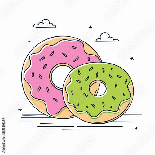Two colorful donuts with sprinkles and clouds