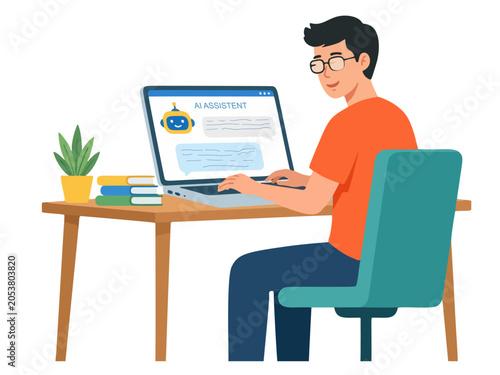 Man working with AI assistant on laptop flat vector illustration