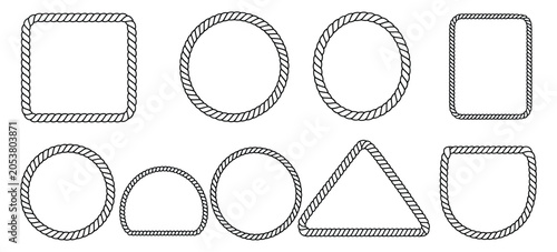 Rope border frames texture set featuring seamless rope brush strokes and rope frames in various shapes, easy to modify vector illustration