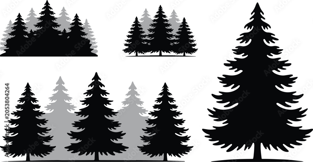 Obraz premium Evergreen Tree Clusters and Standalone Pine, Minimalist Nature Clip Art Stamps, Pine Forest Tree Silhouette Set, Conifer Wilderness Vector Icons, vector, illustration, silhouette.